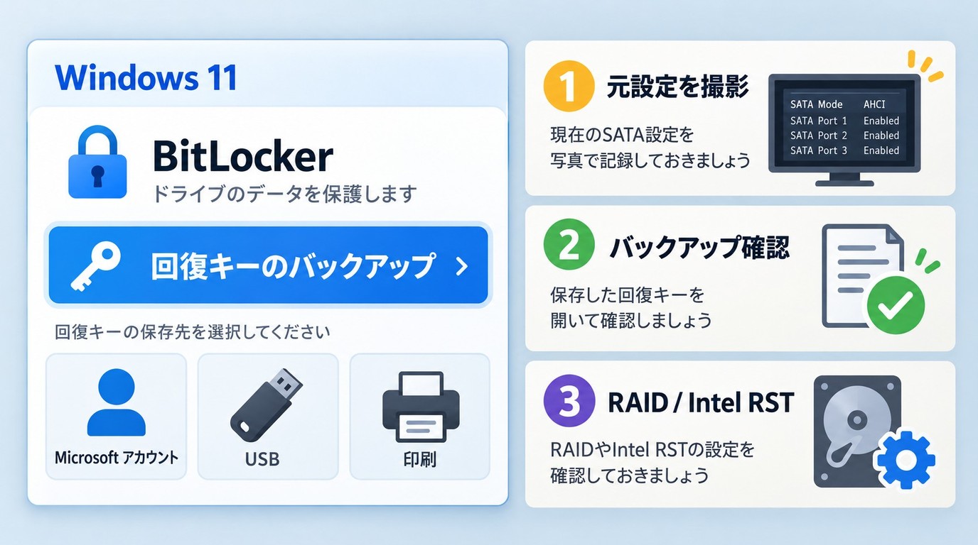 SATAモード変更前のバックアップと回復キーの確認事項