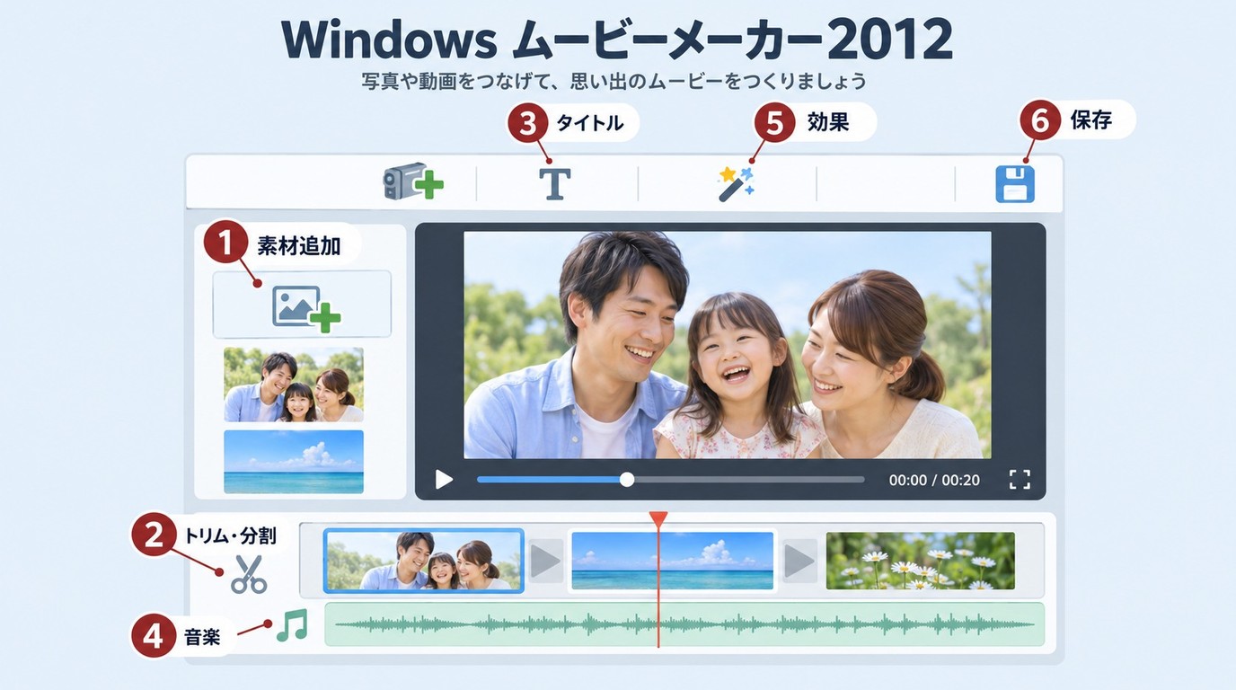 Windowsムービーメーカー2012の編集画面と基本操作に使う6つの機能