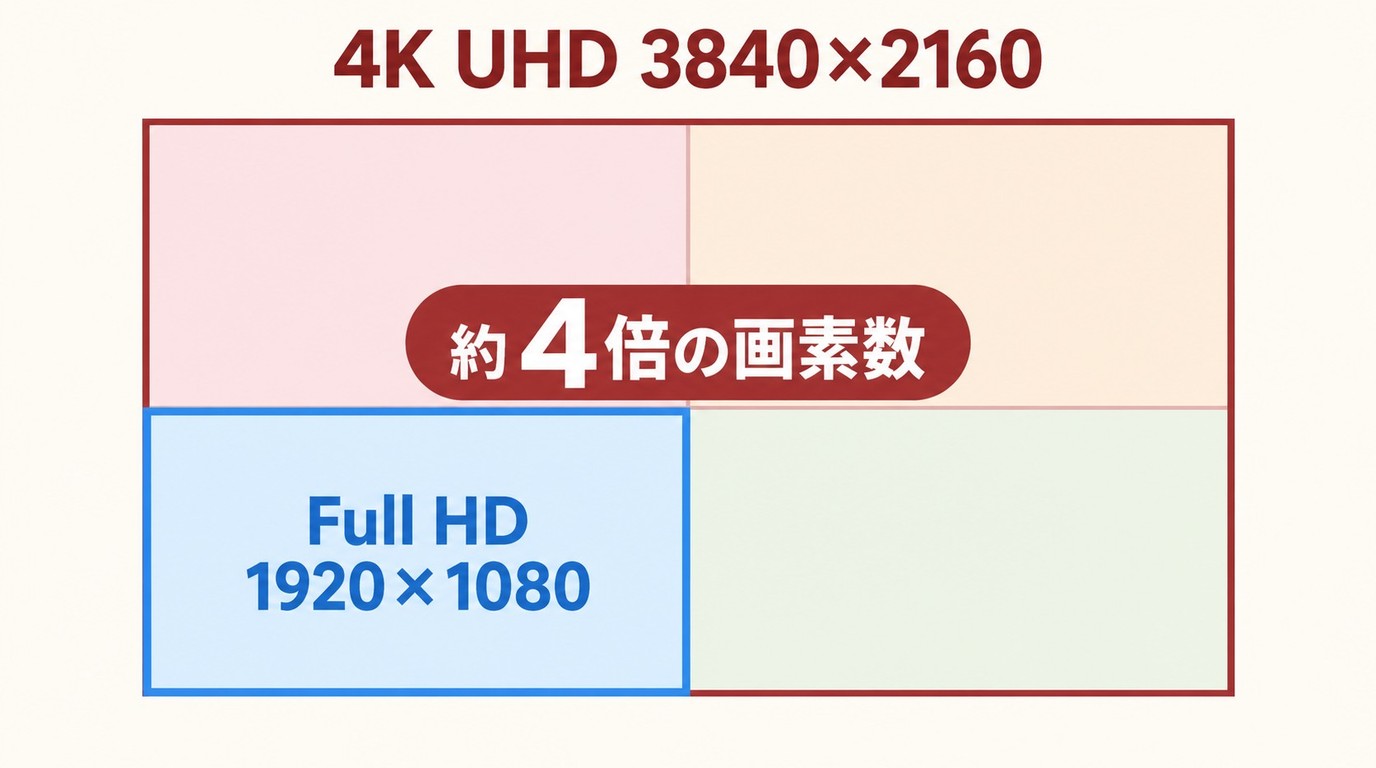 フルHDと4K UHDの解像度を比較し、画素数が約4倍になる関係を示す図