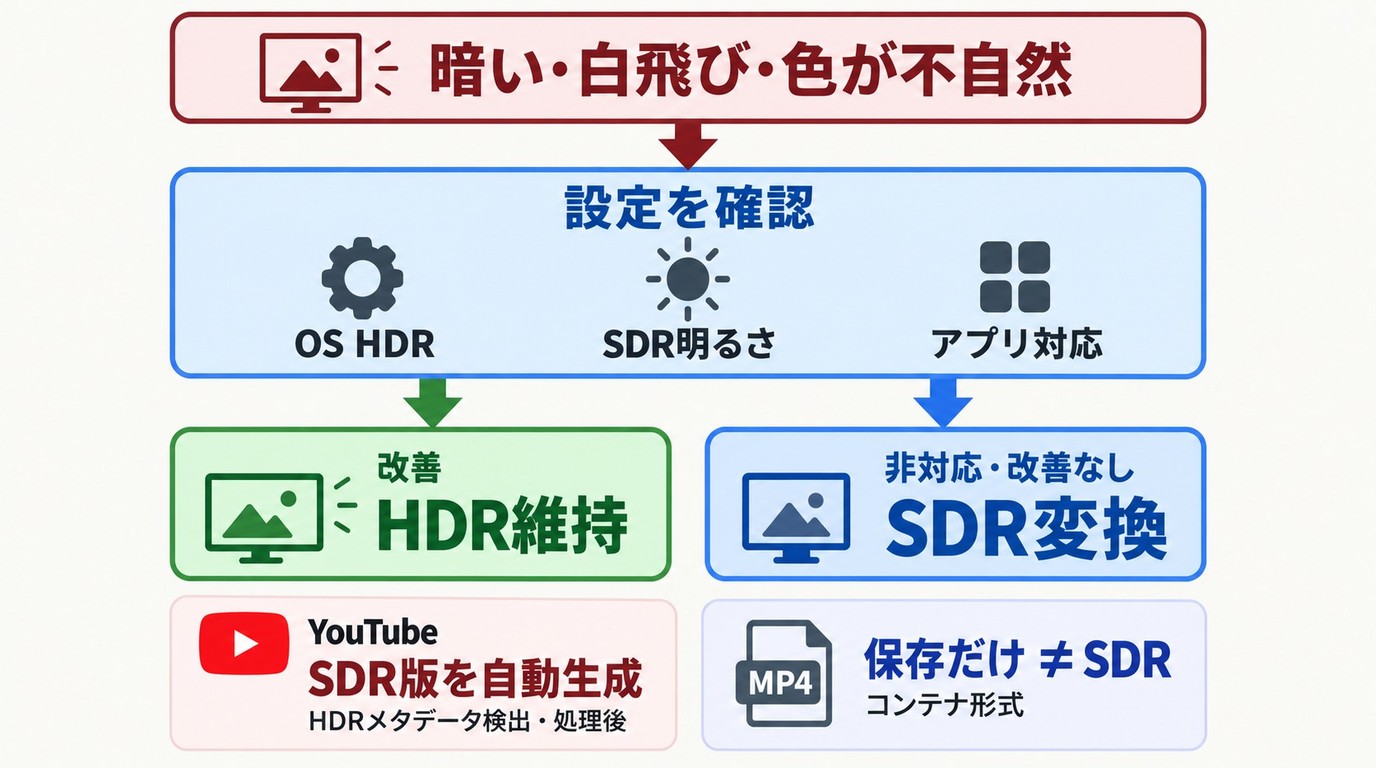 HDR映像の不具合を設定確認とSDR変換に振り分ける判断手順