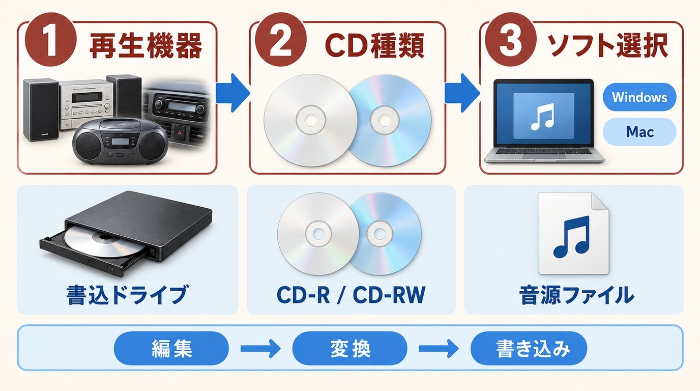 CD作成前に確認する再生機器、CD-R、書き込みドライブ、音源ファイル
