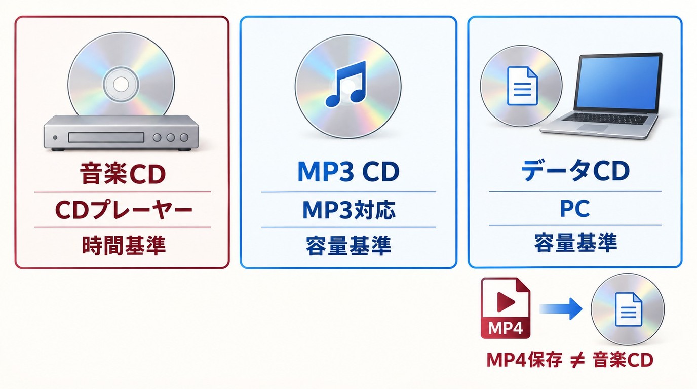 音楽CD、MP3 CD、データCDの用途と容量基準、再生機器の違い