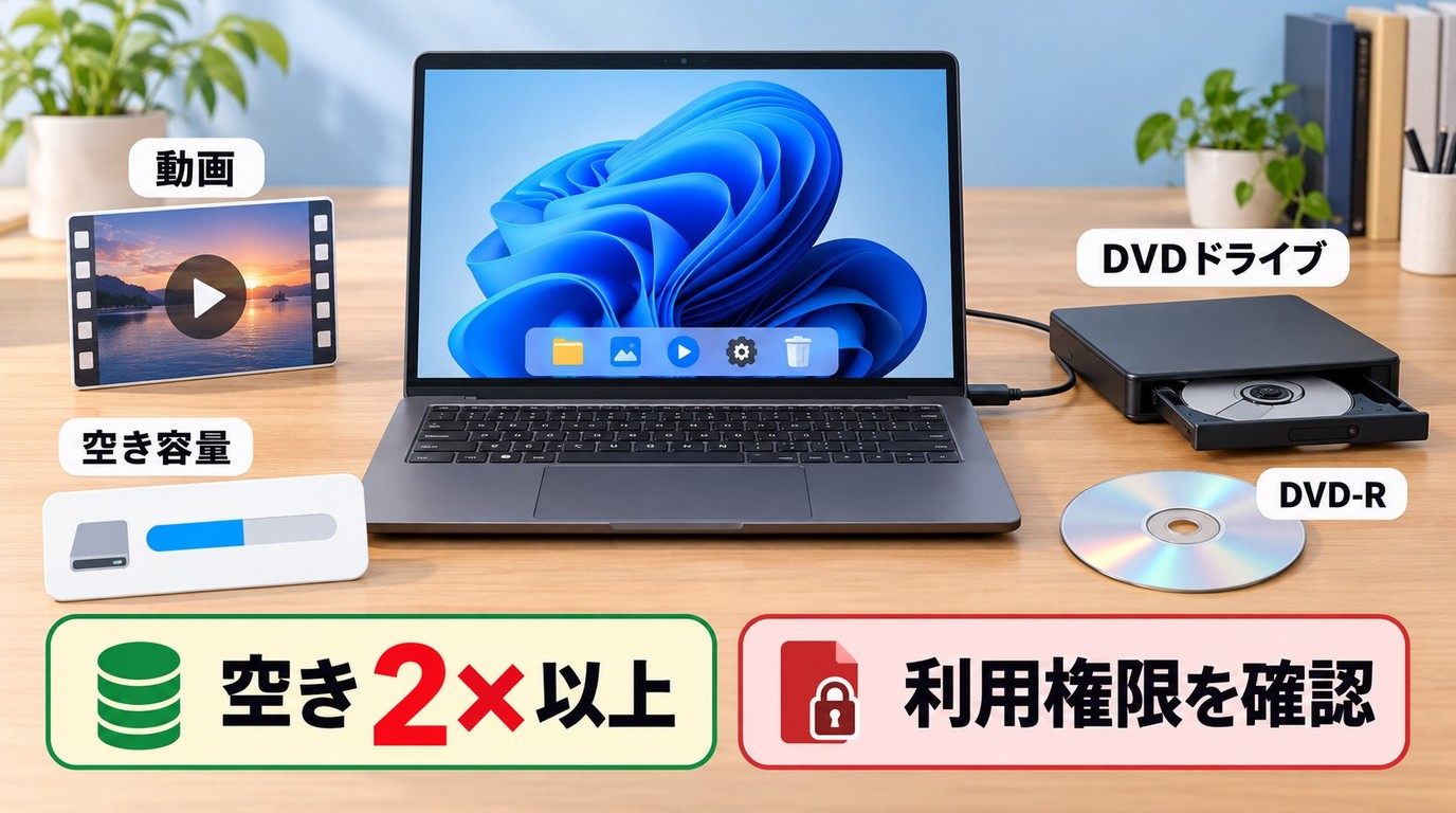 DVD 作成に必要な動画ファイル、外付けドライブ、DVD-R、空き容量